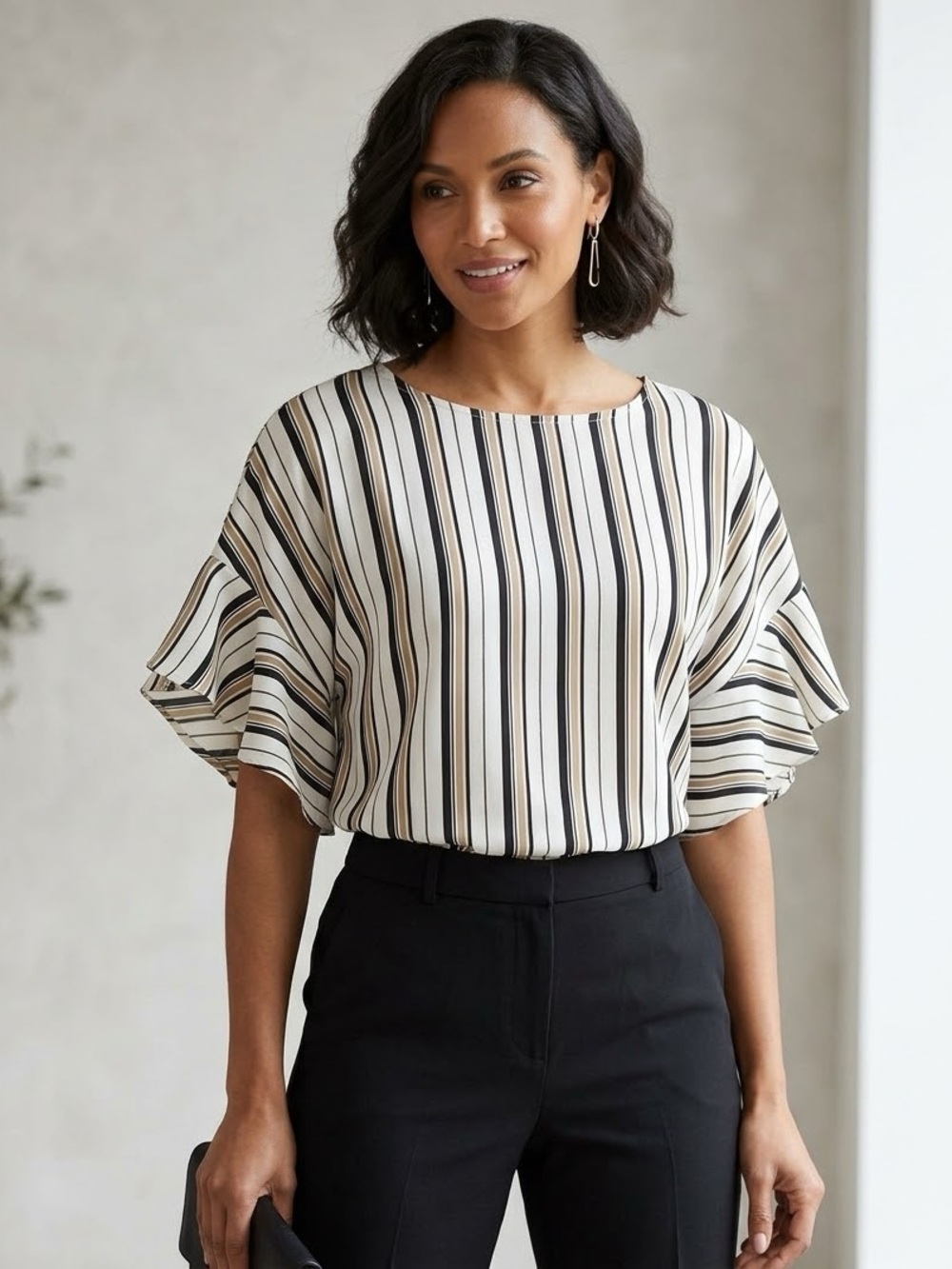 Anthropologie W5 Cream & Black Vertical Stripe Ruffle Bell Sleeve Blouse Large